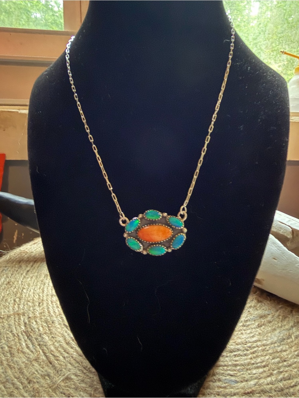 Handmade Blue Opal & Orange Spiny Stone Pendant Necklace